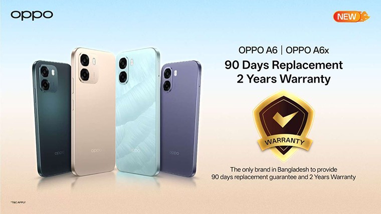 অপো এ৬ এবং এ৬এক্সের সঙ্গে দুই বছরের ওয়ারেন্টি সহ ৯০ দিনের রিপ্লেসমেন্ট গ্যারান্টি নিয়ে এসেছে